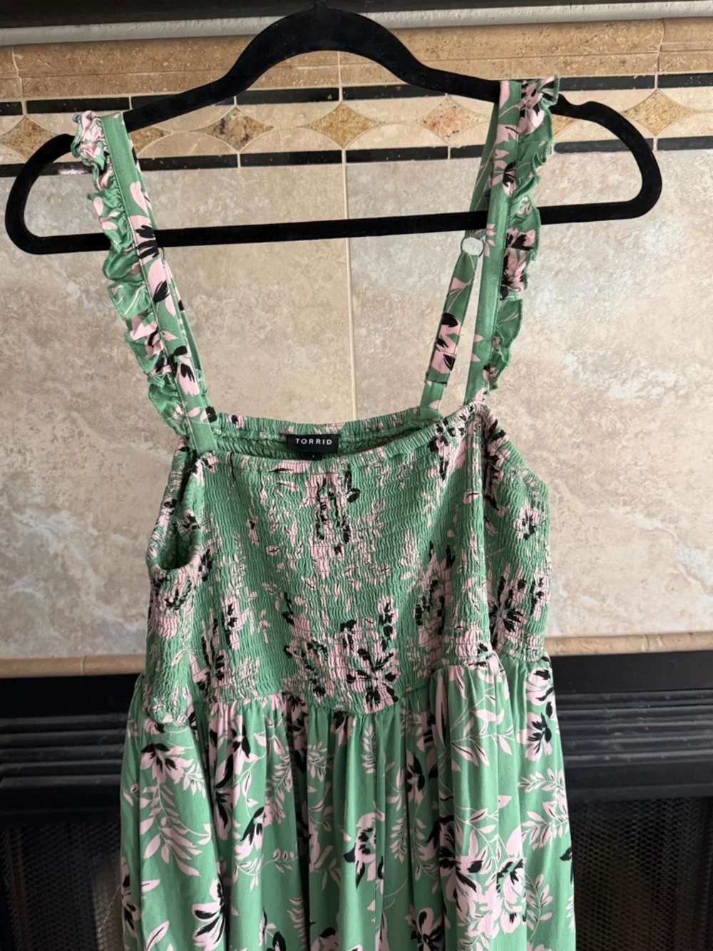 torrid Green Floral Midi Dress with Smocked Bodice and Ruffle Straps - Picture 6 of 10